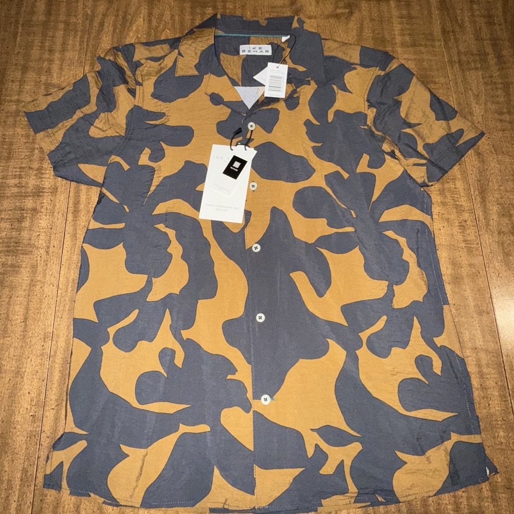Ike Behar Button Up Shirt Short Sleeve Men Texture Small Foliage Brown/Black